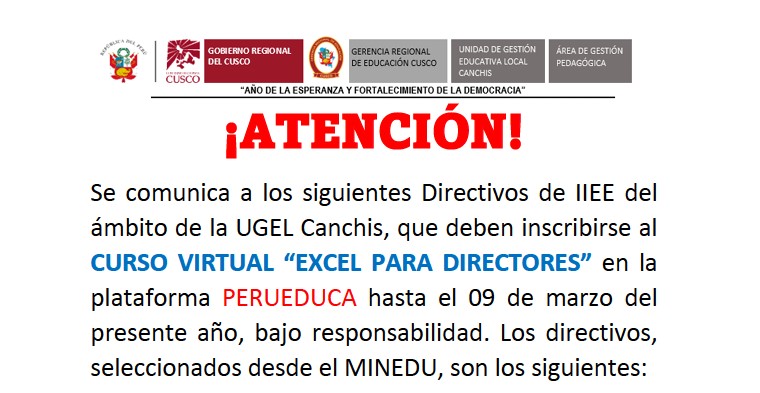 Comunicado Directivos de IIEE del ámbito de la UGEL Canchis - CURSO VIRTUAL “EXCEL PARA DIRECTORES”